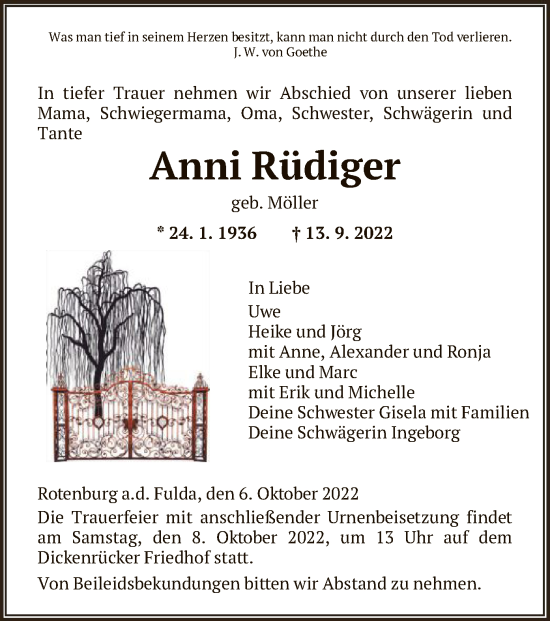 Traueranzeige von Anni Rüdiger von HNA