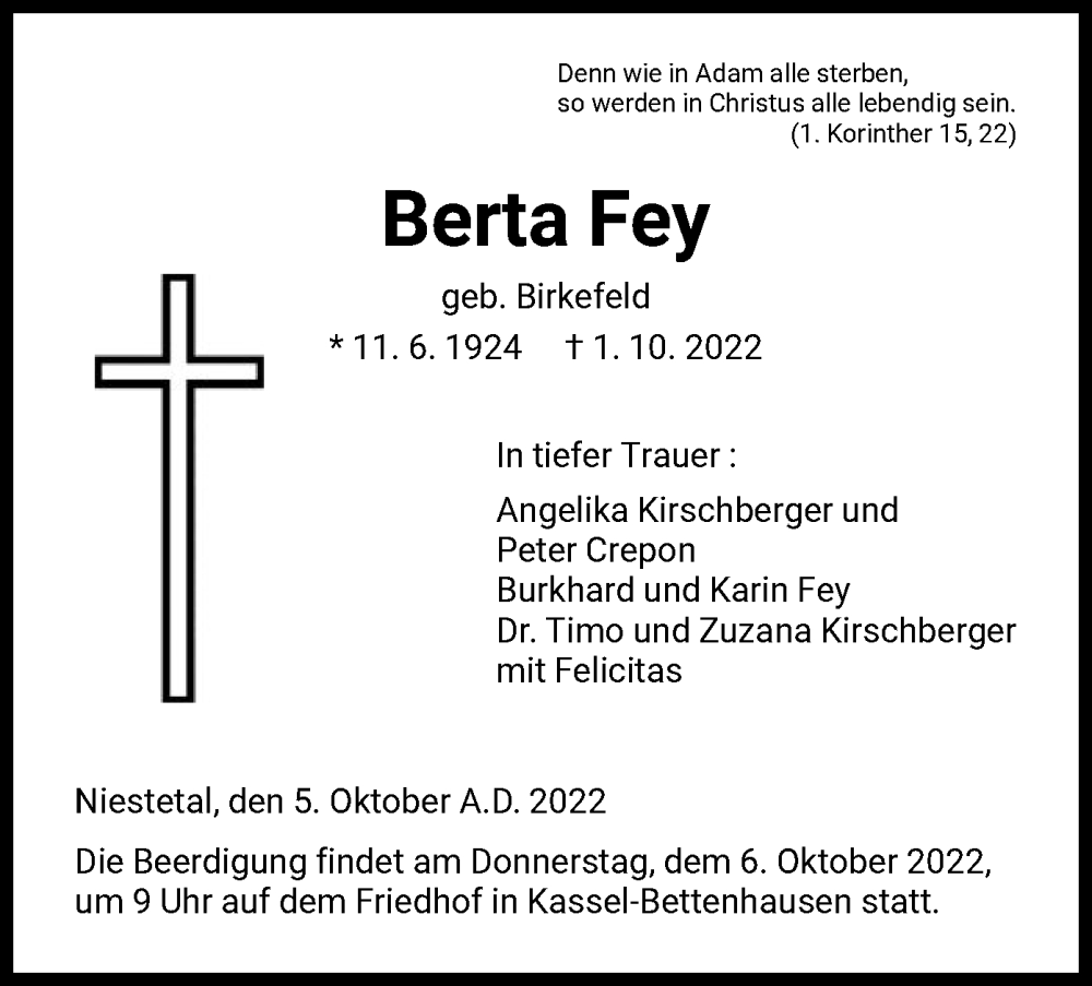  Traueranzeige für Berta Fey vom 05.10.2022 aus HNA