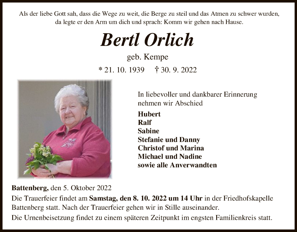  Traueranzeige für Bertl Orlich vom 05.10.2022 aus HNA