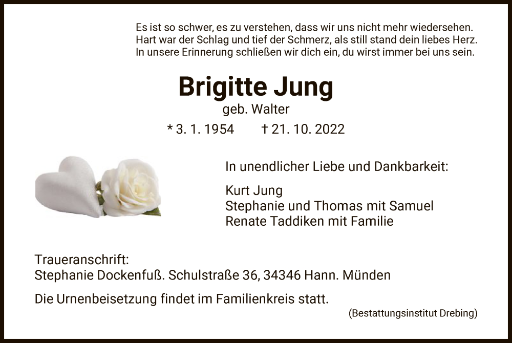  Traueranzeige für Brigitte Jung vom 26.10.2022 aus HNA