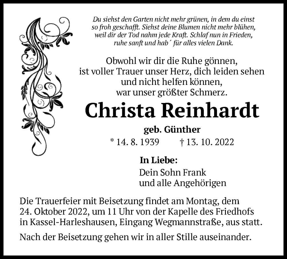  Traueranzeige für Christa Reinhardt vom 21.10.2022 aus HNA