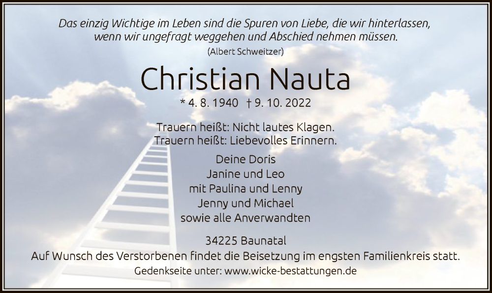  Traueranzeige für Christian Nauta vom 15.10.2022 aus HNA