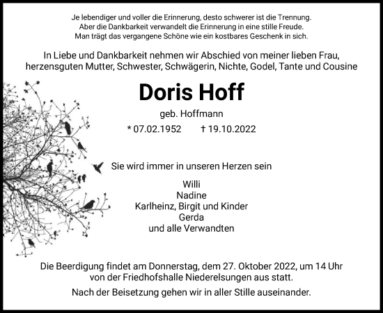 Traueranzeige von Doris Hoff von HNA