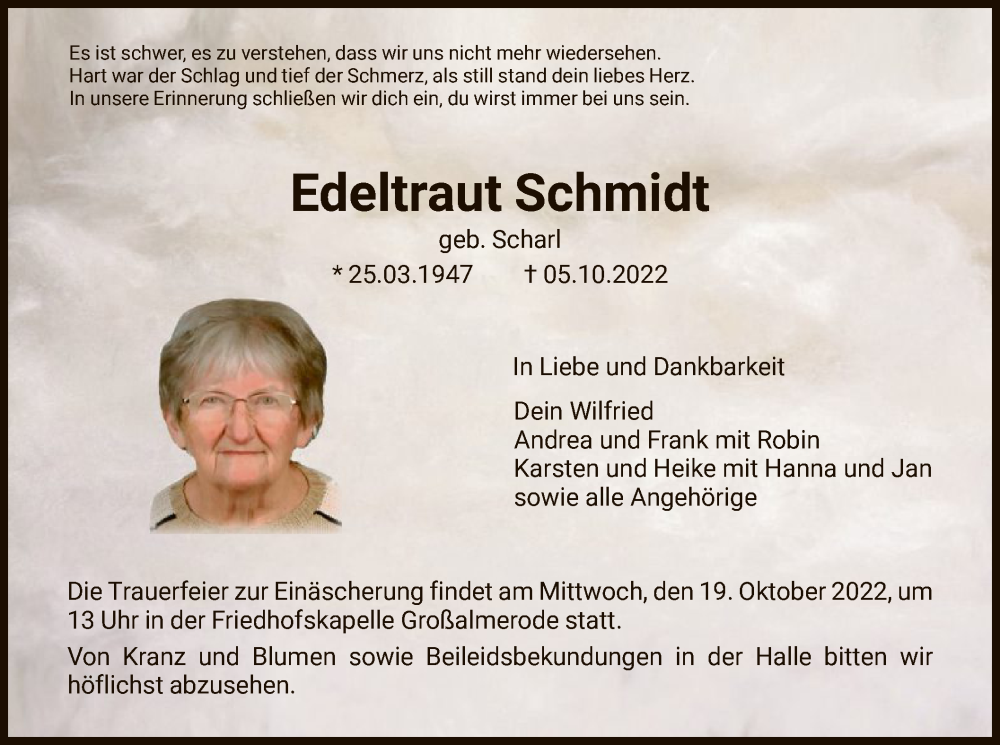  Traueranzeige für Edeltraut Schmidt vom 15.10.2022 aus HNA