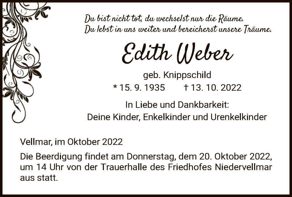  Traueranzeige für Edith Weber vom 15.10.2022 aus HNA