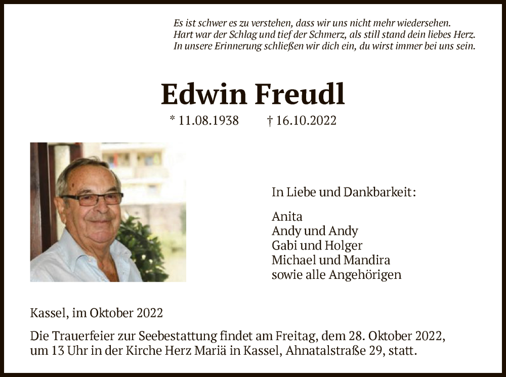  Traueranzeige für Edwin Freudl vom 22.10.2022 aus HNA