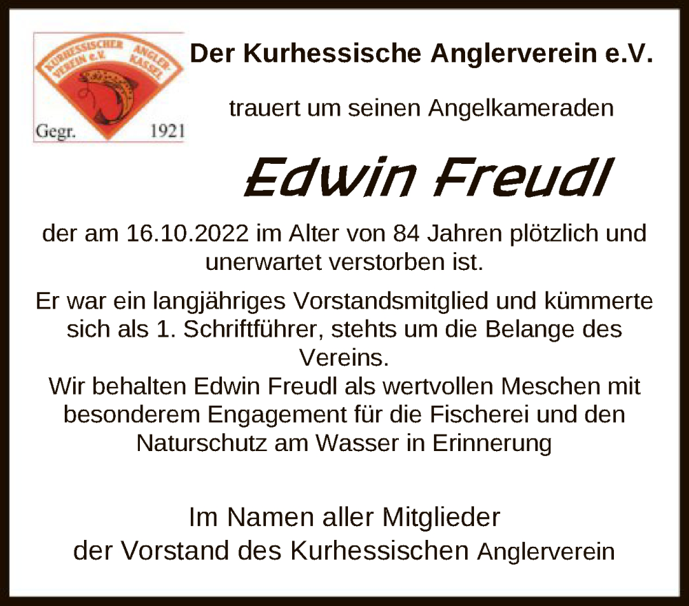  Traueranzeige für Edwin Freudl vom 28.10.2022 aus HNA