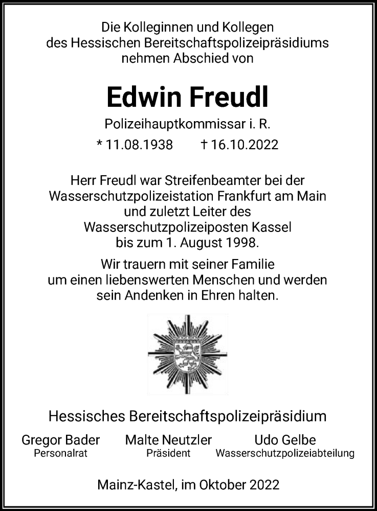  Traueranzeige für Edwin Freudl vom 29.10.2022 aus HNA