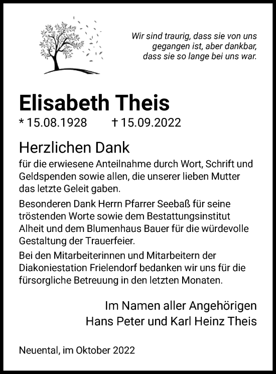 Traueranzeige von Elisabeth Theis von HNA