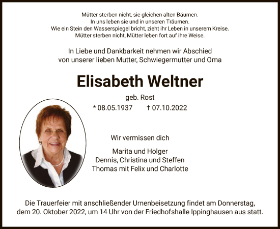 Traueranzeige von Elisabeth Weltner von HNA