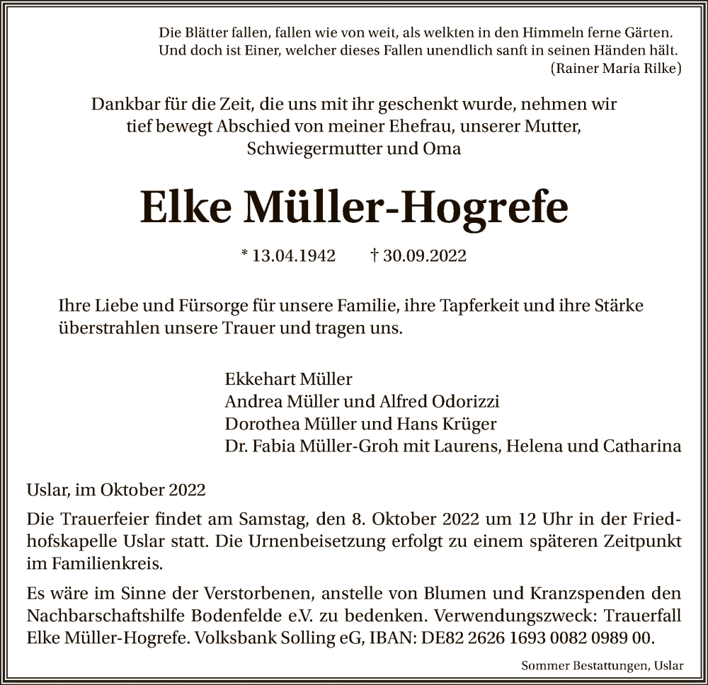  Traueranzeige für Elke Müller-Hogrefe vom 05.10.2022 aus HNA