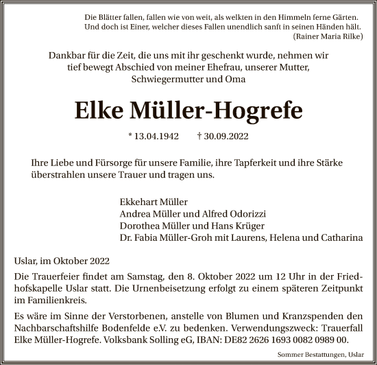 Traueranzeige von Elke Müller-Hogrefe von HNA