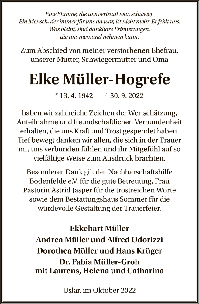  Traueranzeige für Elke Müller-Hogrefe vom 29.10.2022 aus HNA