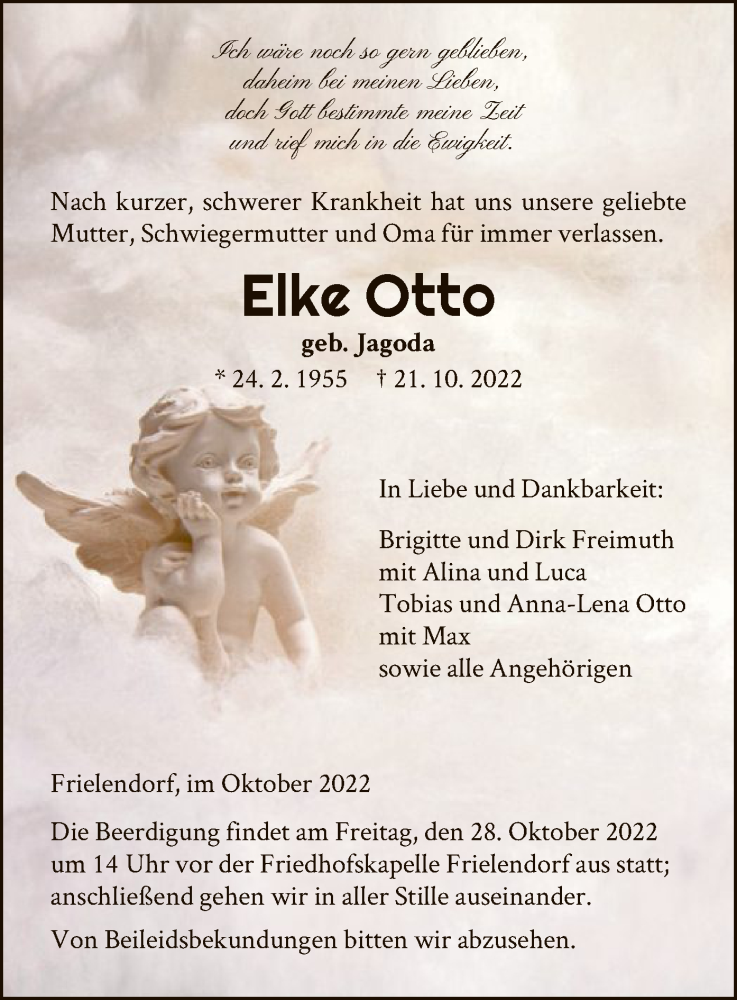  Traueranzeige für Elke Otto vom 25.10.2022 aus HNA