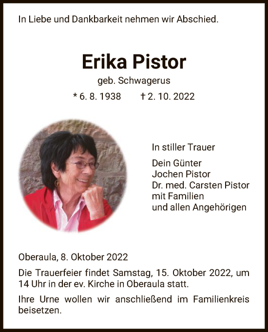 Traueranzeige von Erika Pistor von HNA