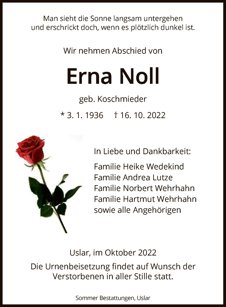  Traueranzeige für Erna Noll vom 22.10.2022 aus HNA