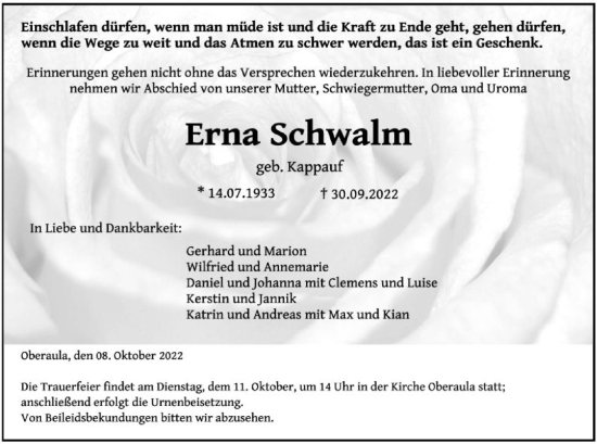 Traueranzeige von Erna Schwalm von HNA