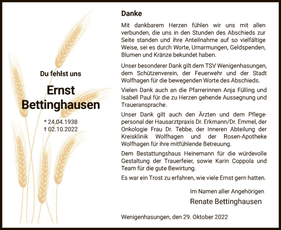Traueranzeige von Ernst Bettinghausen von HNA