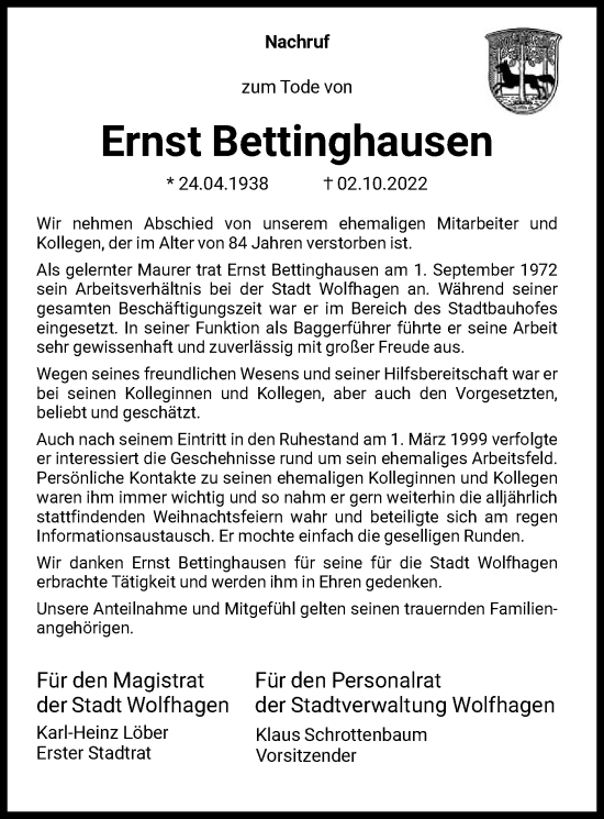 Traueranzeige von Ernst Bettinghausen von HNA