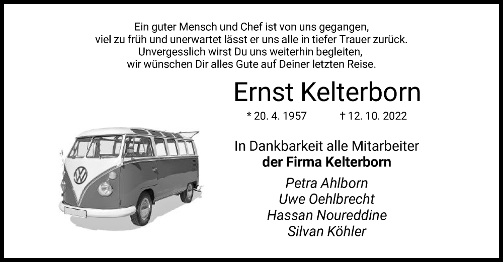  Traueranzeige für Ernst Kelterborn vom 22.10.2022 aus HNA