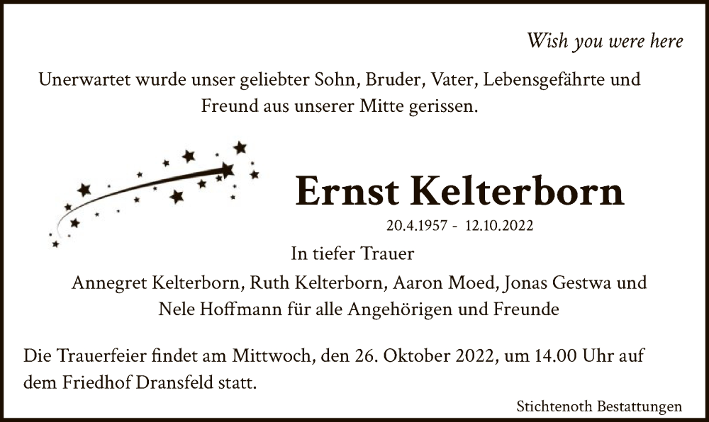  Traueranzeige für Ernst Kelterborn vom 22.10.2022 aus HNA