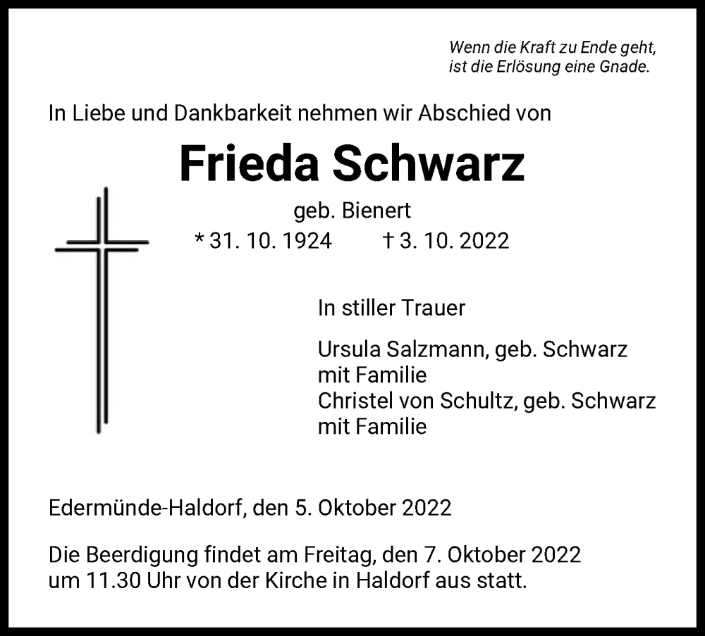  Traueranzeige für Frieda Schwarz vom 05.10.2022 aus HNA