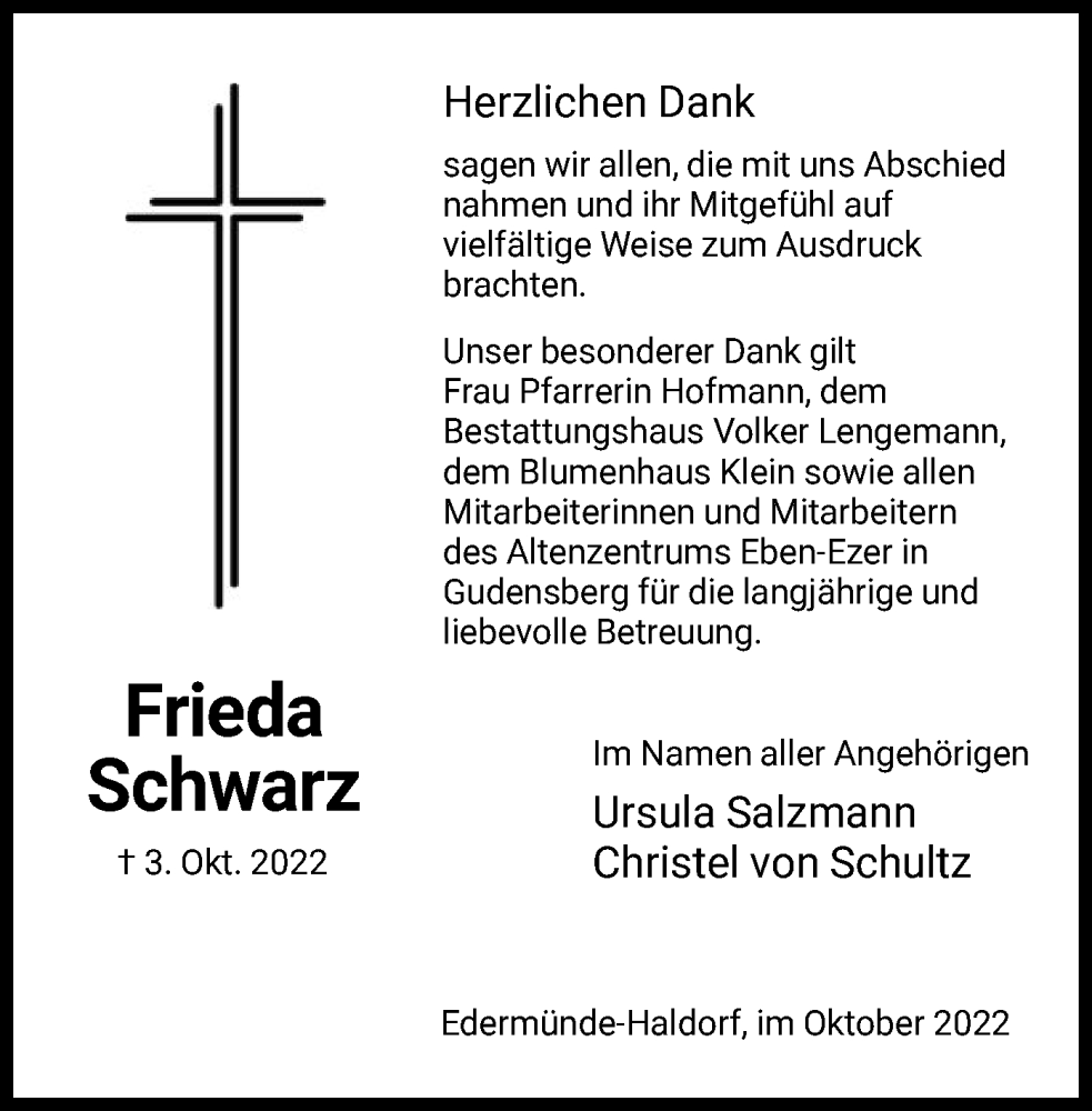  Traueranzeige für Frieda Schwarz vom 29.10.2022 aus HNA