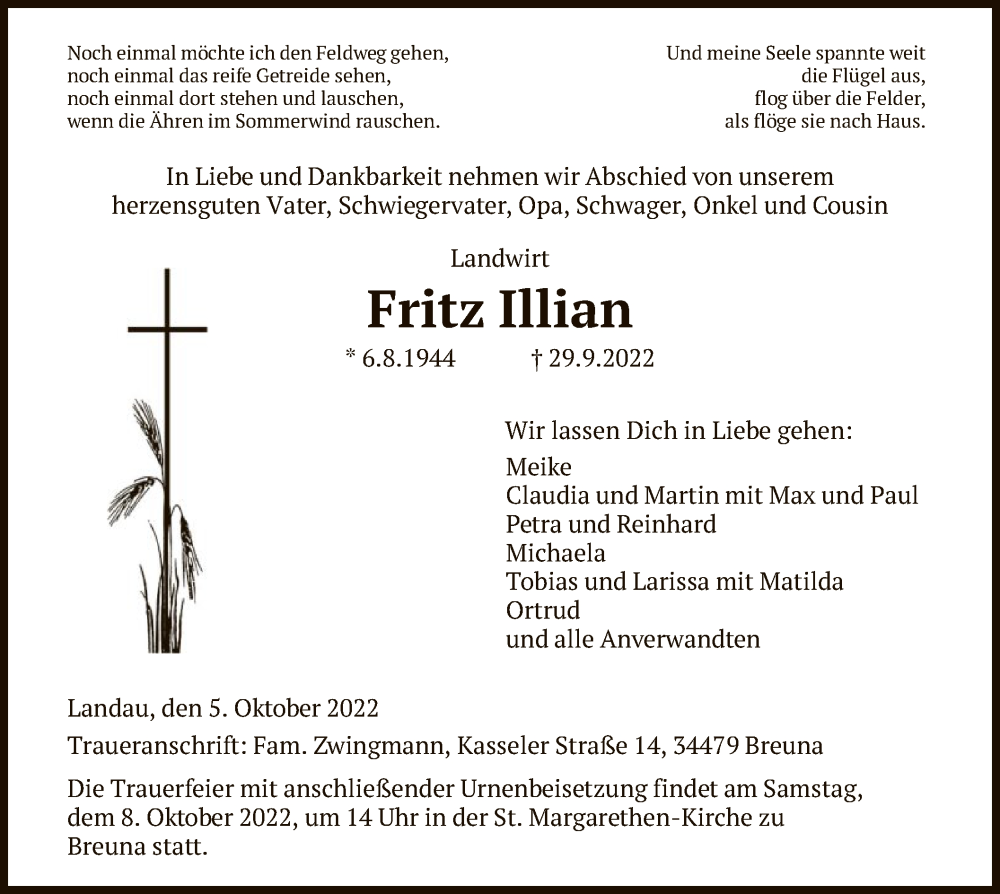  Traueranzeige für Fritz Illian vom 05.10.2022 aus HNA