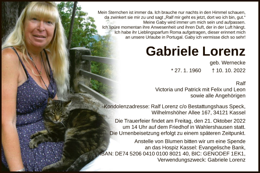  Traueranzeige für Gabriele Lorenz vom 18.10.2022 aus HNA