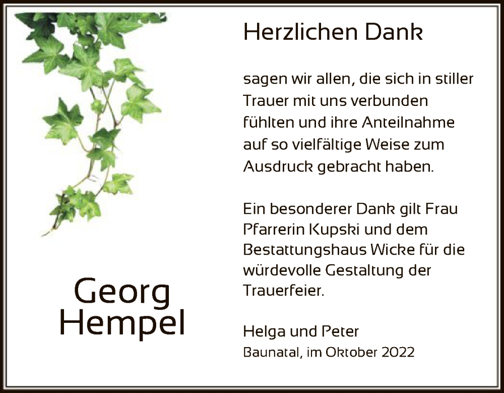  Traueranzeige für Georg Hempel vom 29.10.2022 aus HNA