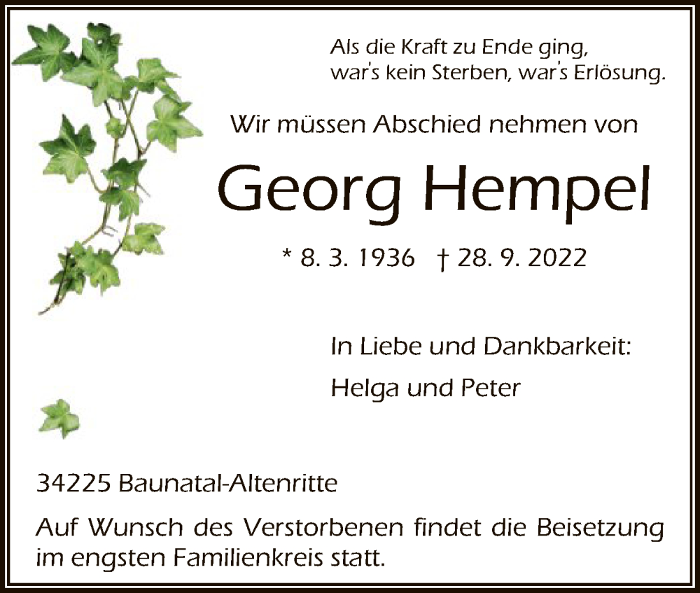  Traueranzeige für Georg Hempel vom 01.10.2022 aus HNA