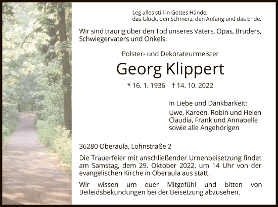 Traueranzeige von Georg Klippert von HNA