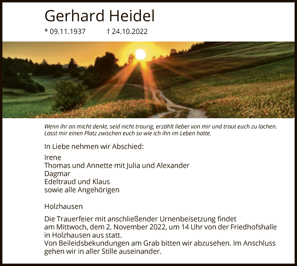  Traueranzeige für Gerhard Heidel vom 29.10.2022 aus HNA