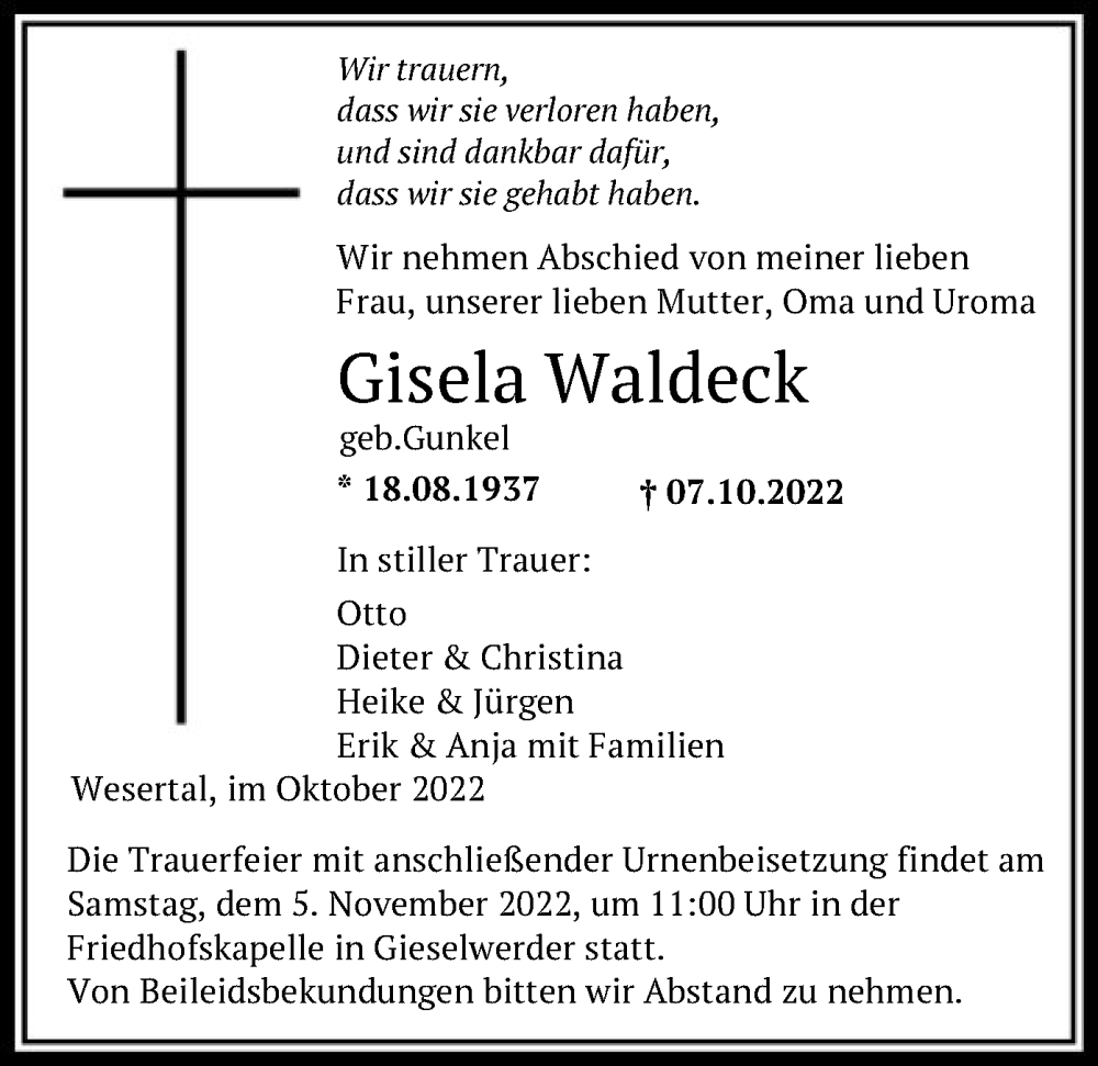  Traueranzeige für Gisela Waldeck vom 25.10.2022 aus HNA