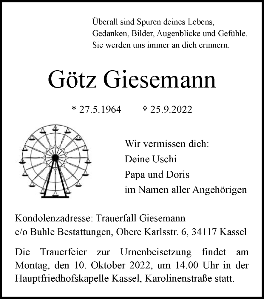  Traueranzeige für Götz Giesemann vom 08.10.2022 aus HNA