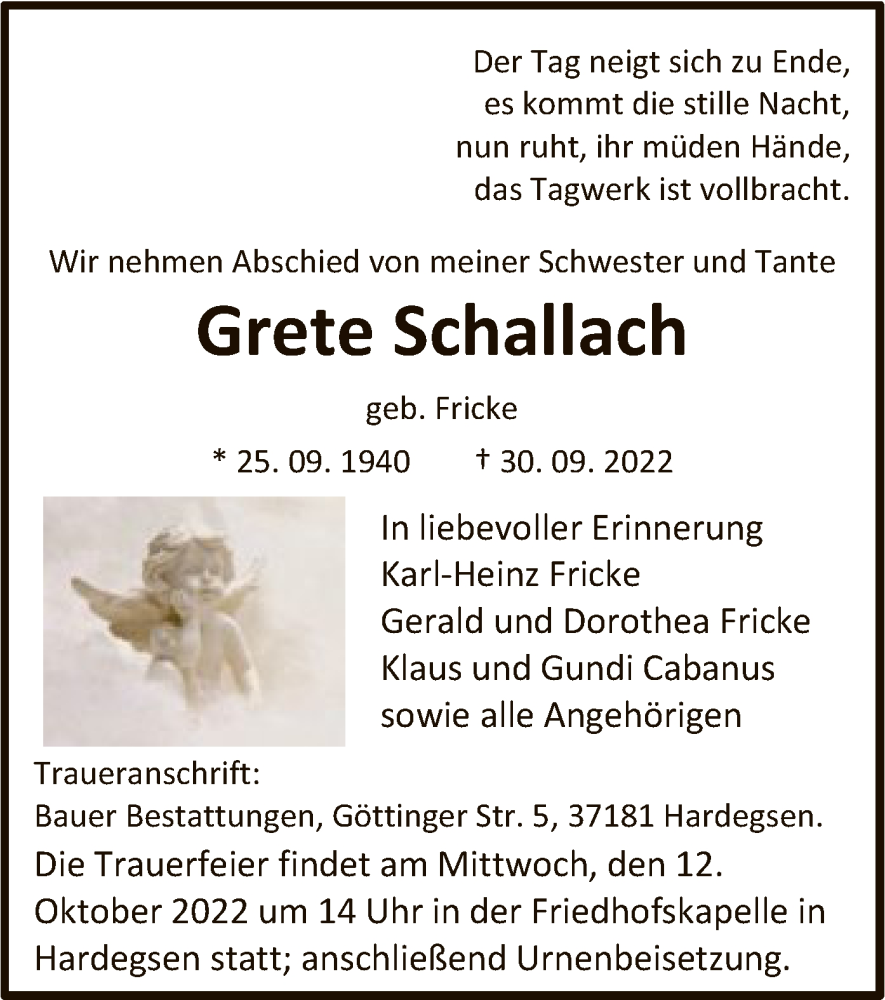  Traueranzeige für Grete Schallach vom 08.10.2022 aus HNA
