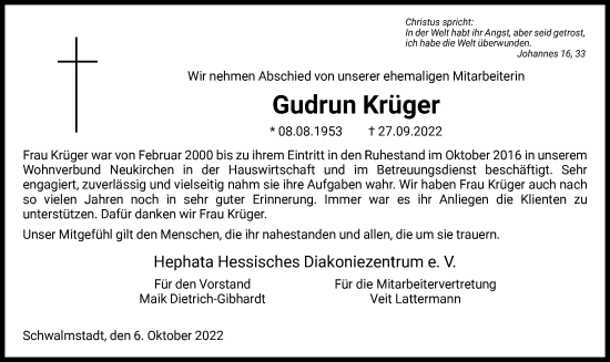 Traueranzeige von Gudrun Krüger von HNA