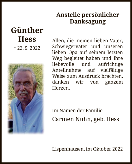 Traueranzeige von Günther Hess von HNA