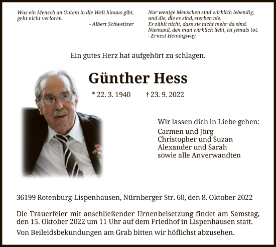 Traueranzeige von Günther Hess von HNA