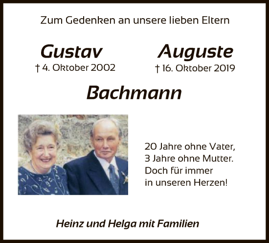 Traueranzeige von Gustav und Auguste Bachmann von HNA