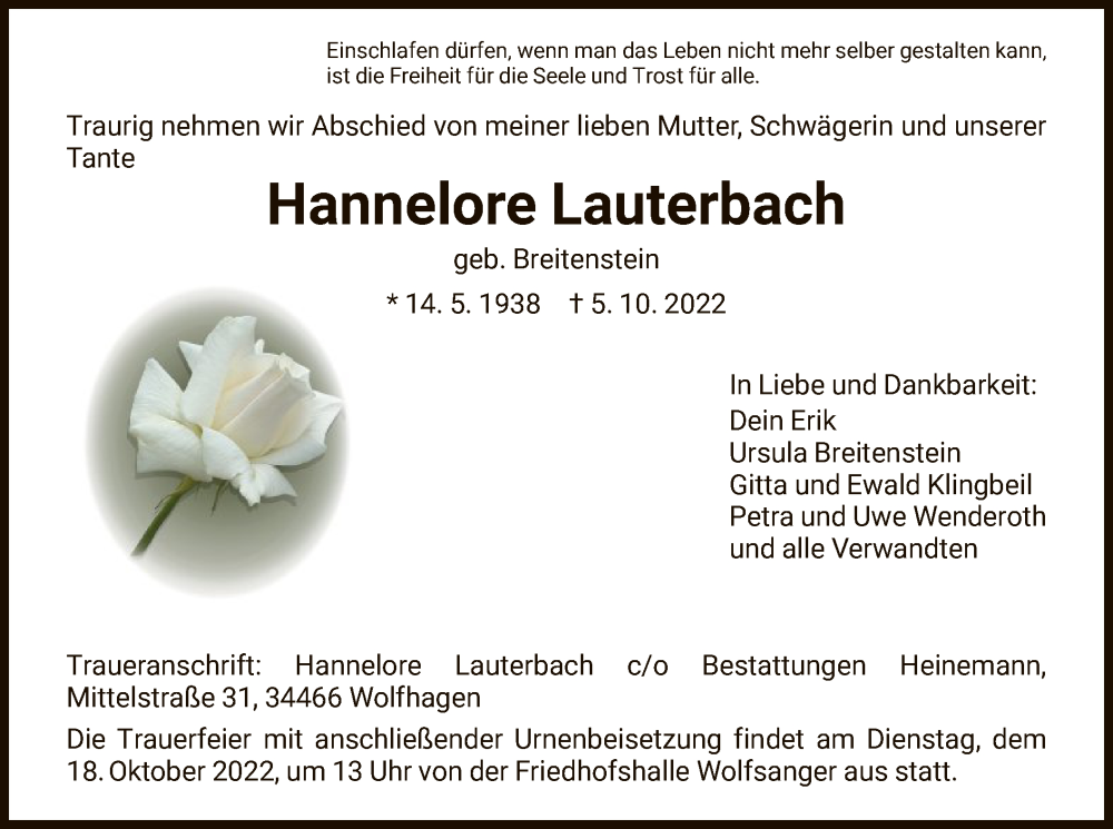  Traueranzeige für Hannelore Lauterbach vom 15.10.2022 aus HNA