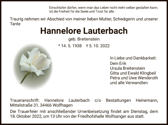 Traueranzeige von Hannelore Lauterbach von HNA