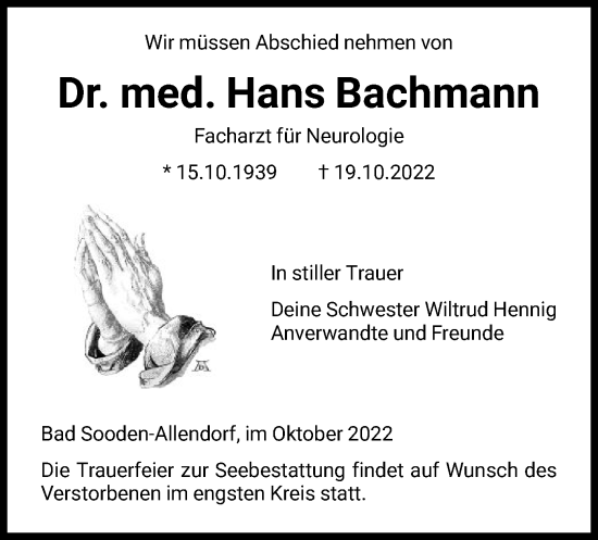 Traueranzeige von Hans Bachmann von HNA