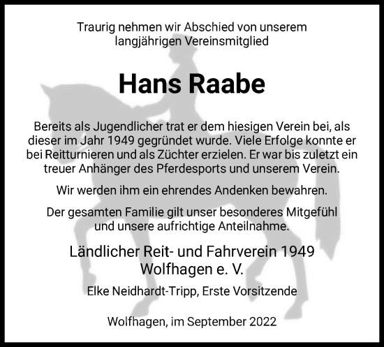 Traueranzeige von Hans Raabe von HNA