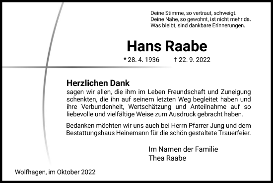 Traueranzeige von Hans Raabe von HNA