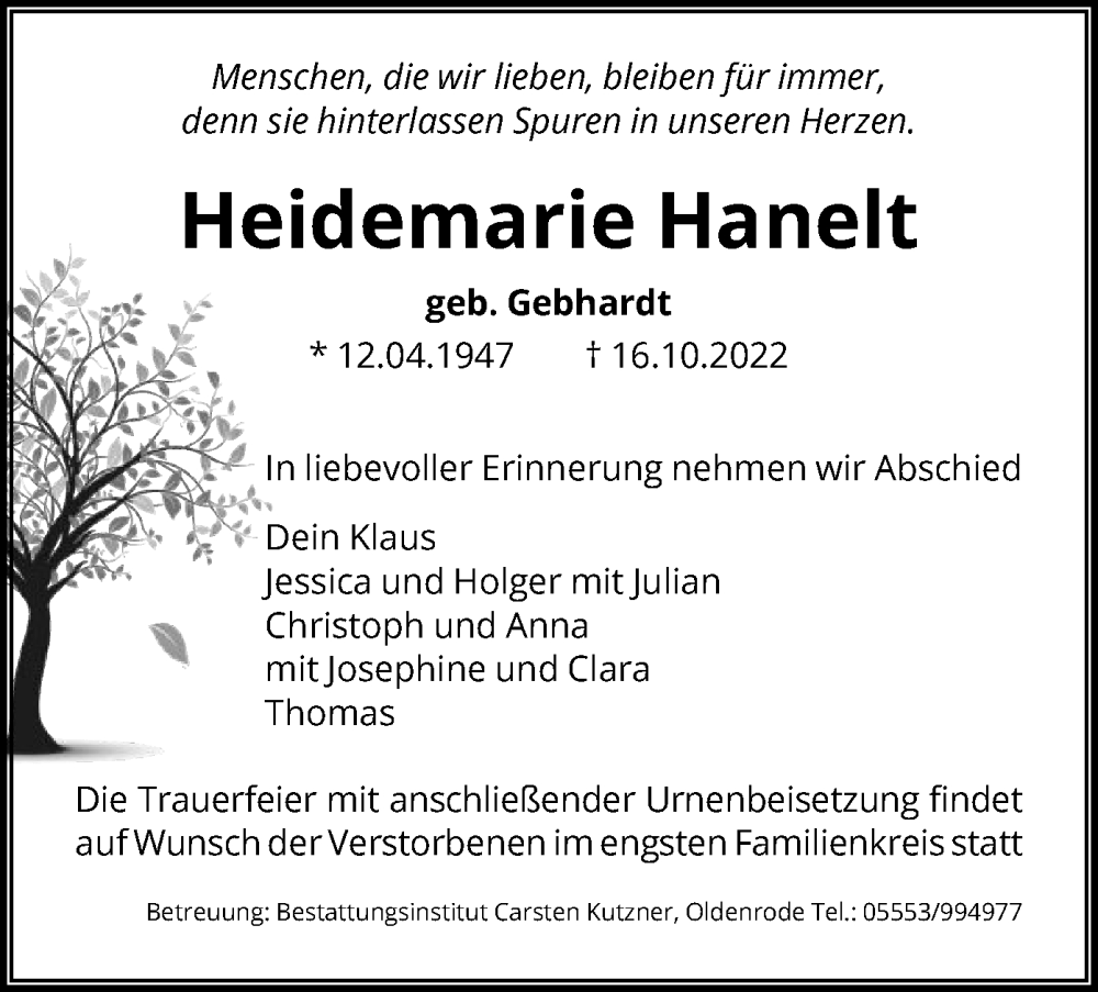  Traueranzeige für Heidemarie Hanelt vom 22.10.2022 aus HNA