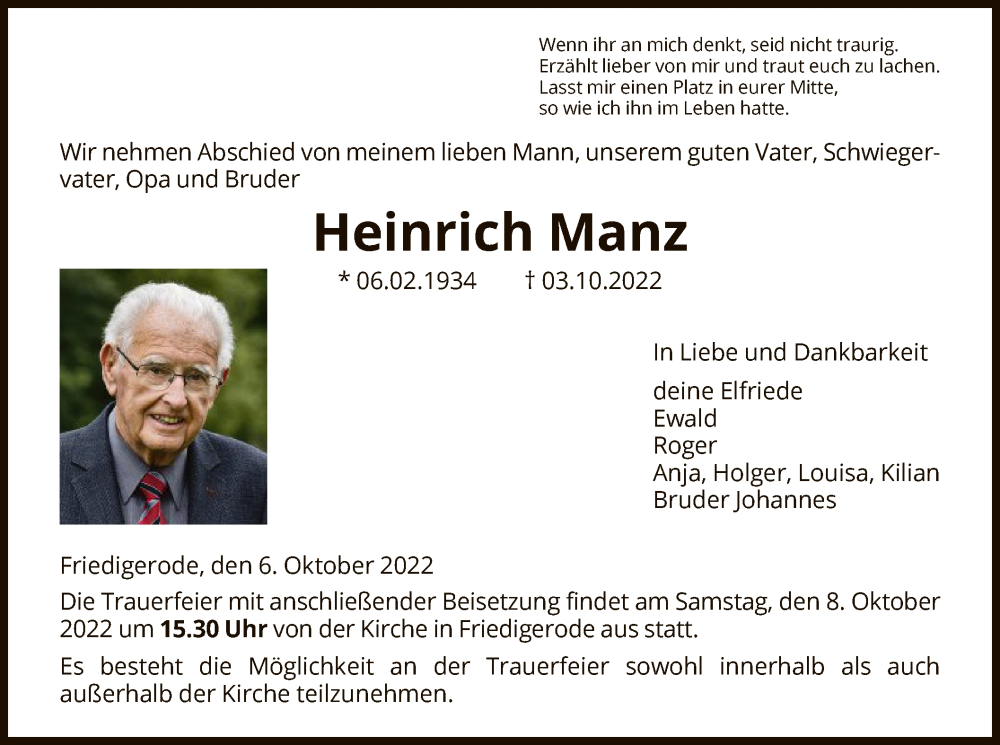  Traueranzeige für Heinrich Manz vom 06.10.2022 aus HNA