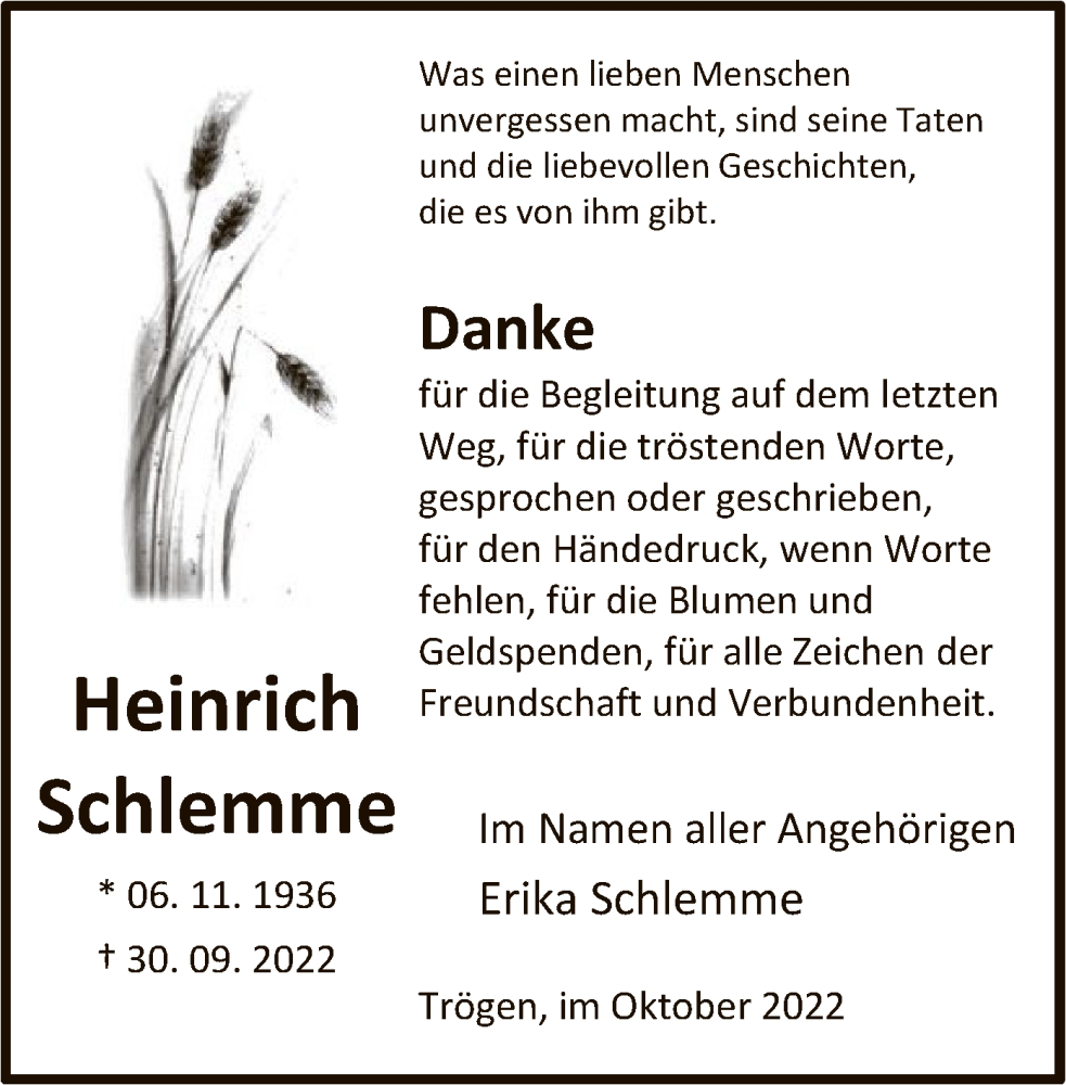  Traueranzeige für Heinrich Schlemme vom 29.10.2022 aus HNA