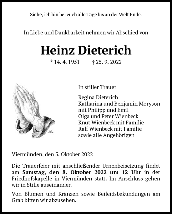 Traueranzeige von Heinz Dieterich von HNA