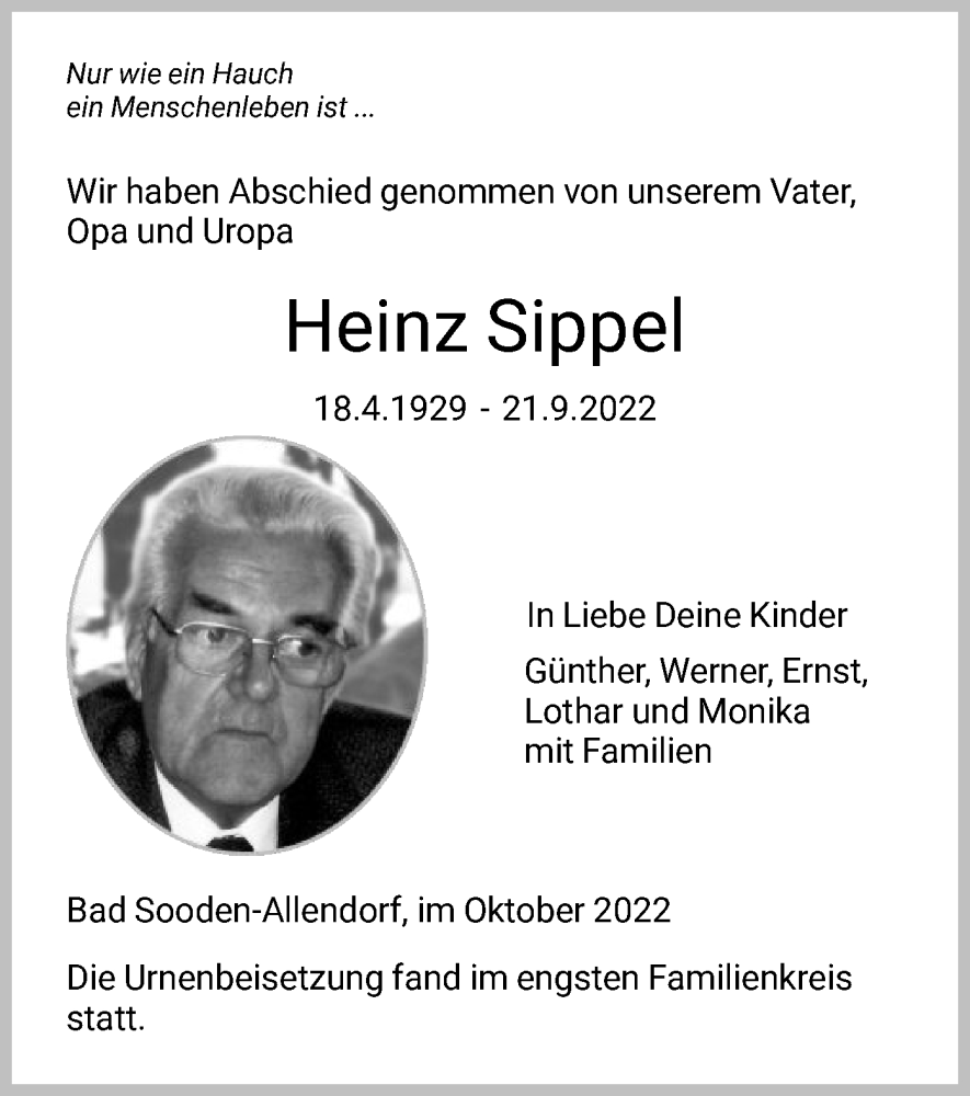  Traueranzeige für Heinz Sippel vom 15.10.2022 aus HNA